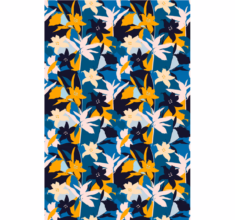 Floral ornament wallpaper with white lilies on blue - TenStickers