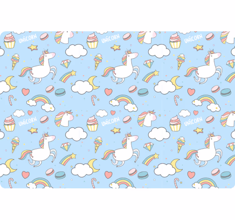 Blue wallpaper with cute unicorns and rainbows - TenStickers