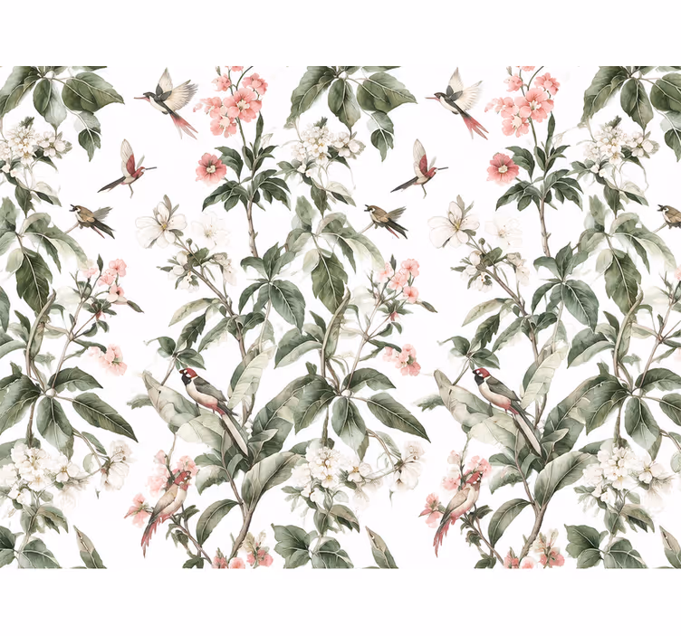Leaf wallpaper with white and pink flowers - TenStickers