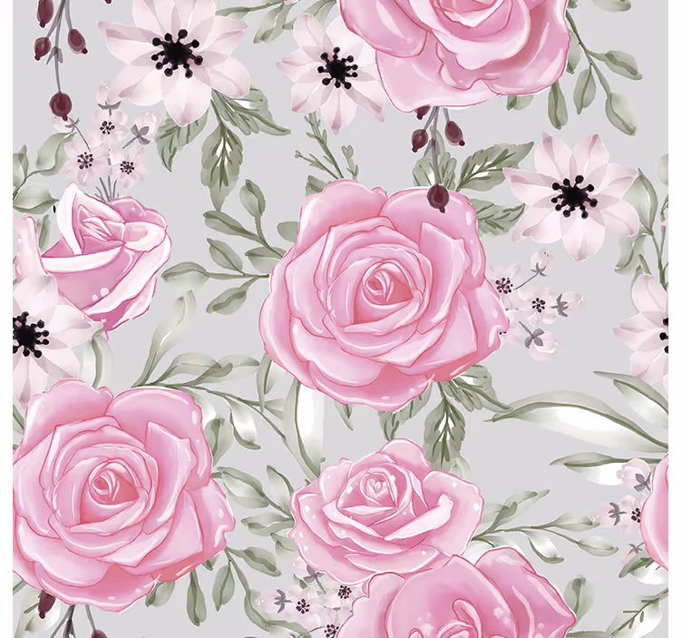 Pink big flowers on grey flower wallpaper - TenStickers