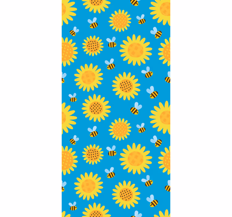 Sunflowers and bees on blue Flowery Wallpaper - TenStickers