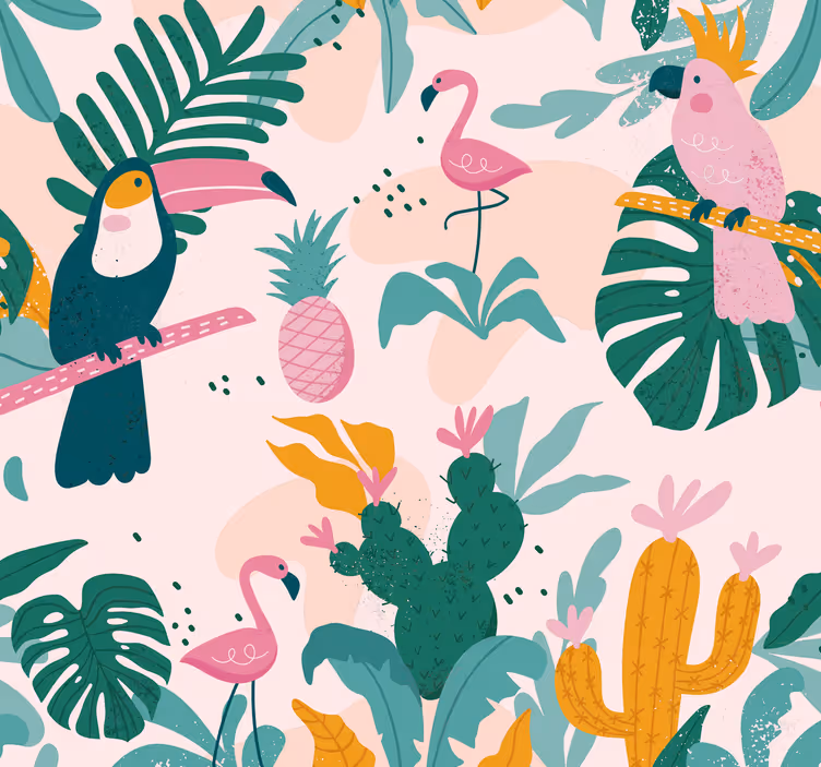 Green birds and leave on pink bedroom wallpaper - TenStickers