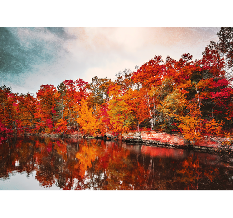 Living room roller blind autumn forest lake reflection - TenStickers