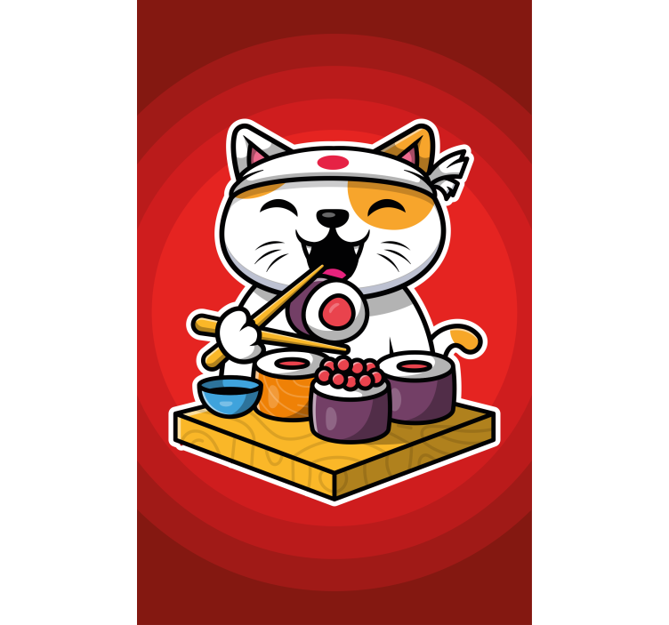 Hungry cat eating sushi Childrens blind - TenStickers