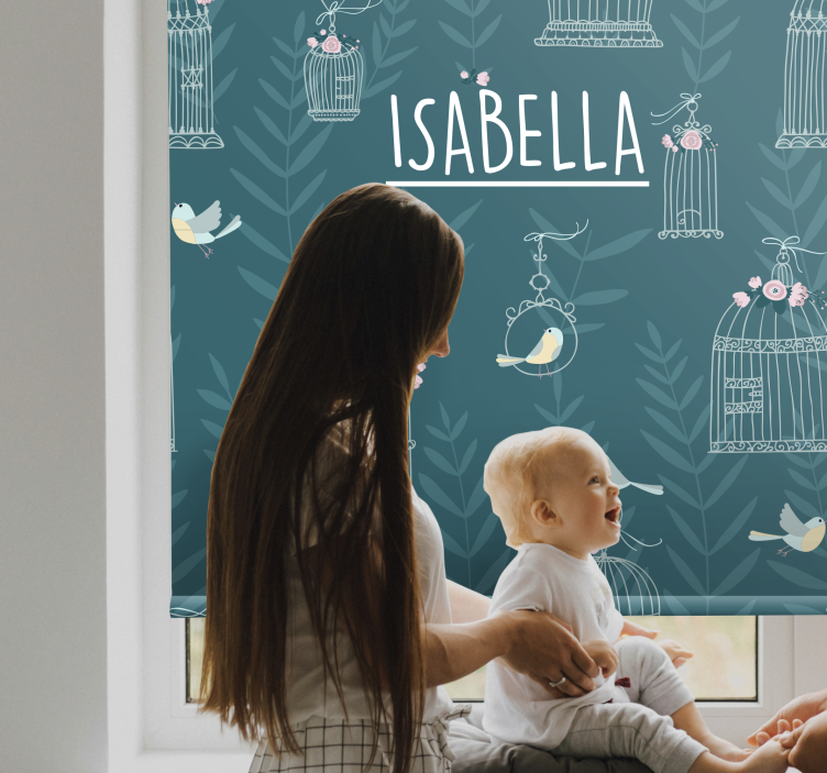 Blue birdcages with name children room roller blind - TenStickers