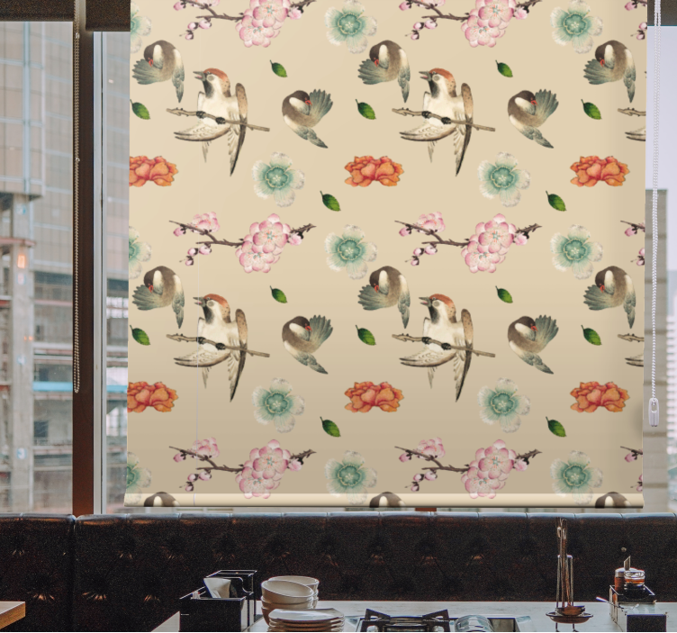Beige avian design flowers and plants roller blind - TenStickers