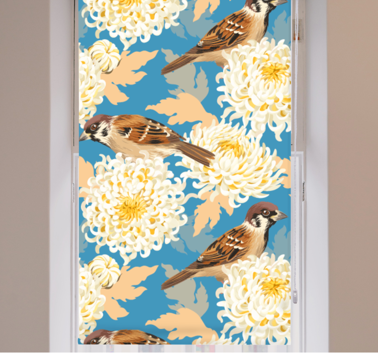 Colorful flowers and sparrows animal roller blind - TenStickers