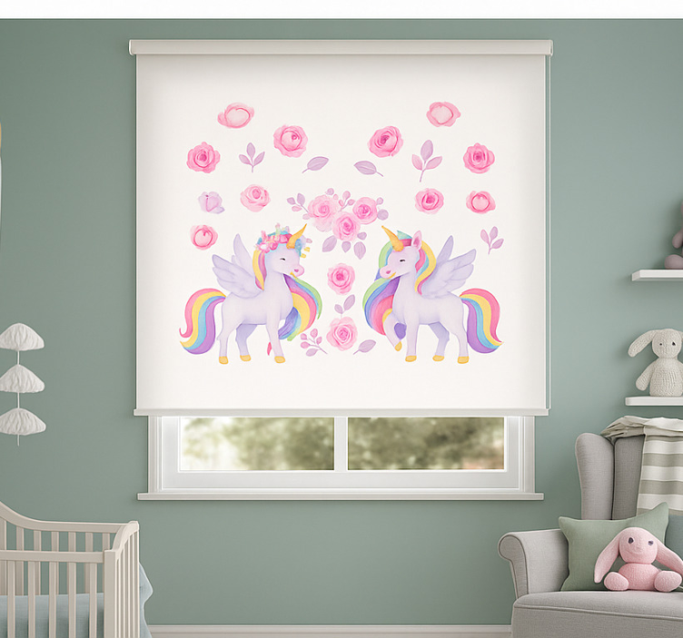 Pink unicorn and flowers children room roller blind - TenStickers