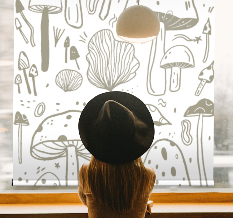 Stylised beige mushrooms flowers and plants roller blind - TenStickers