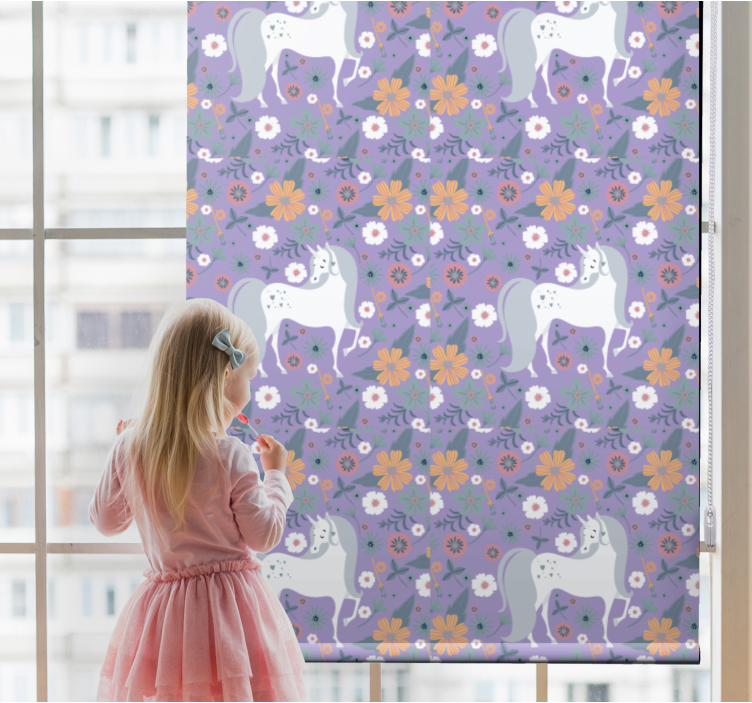 Purple unicorns and flowers children room roller blind - TenStickers