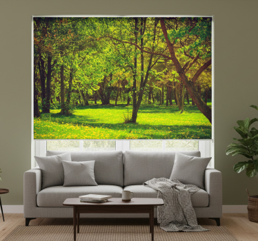 Green roller blind with tranquil forest scene - TenStickers