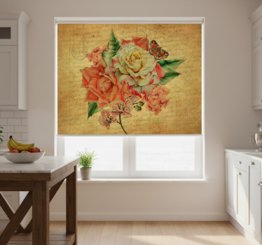 Kitchen roller blind with rose, butterfly, and text - TenStickers