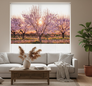 Living room roller blind pink floral landscape - TenStickers