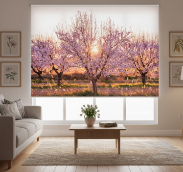Living room roller blind pink landscape with flowers - TenStickers