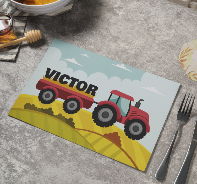 Colorful tractor and with personalised name kids placemat - TenStickers