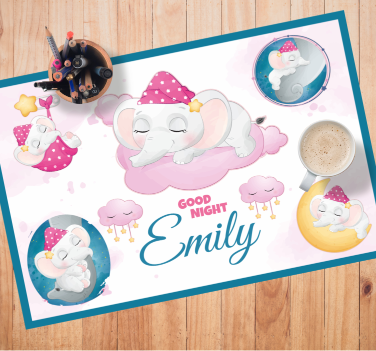 Sleepy elephant with name children placemat - TenStickers
