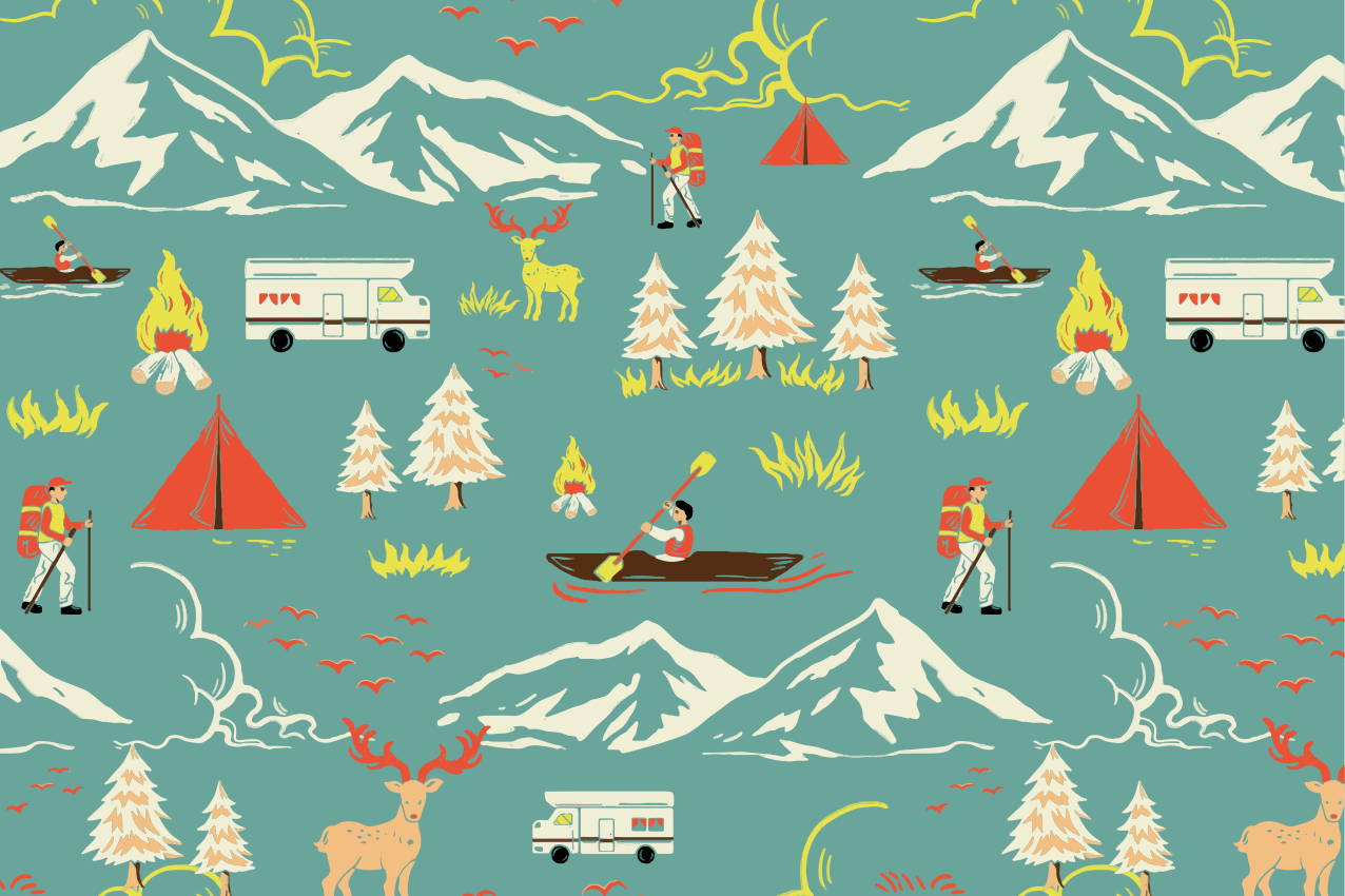 Camping guy, trees and route children placemats - TenStickers