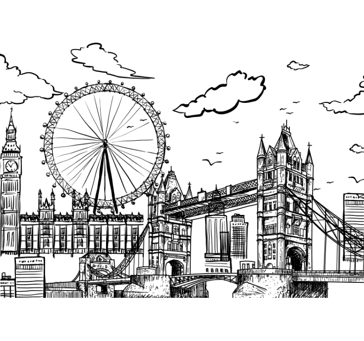 Drawing of London living room wallpaper - TenStickers