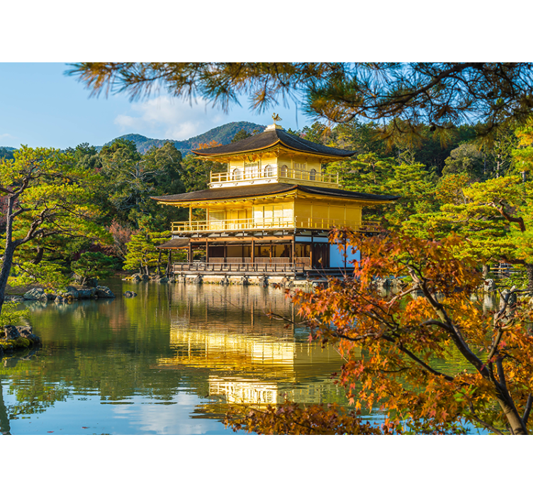 Landscape mural wallpaper golden pavilion reflection - TenStickers
