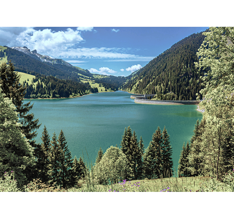 Tranquil mountain lake landscape mural wallpaper - TenStickers