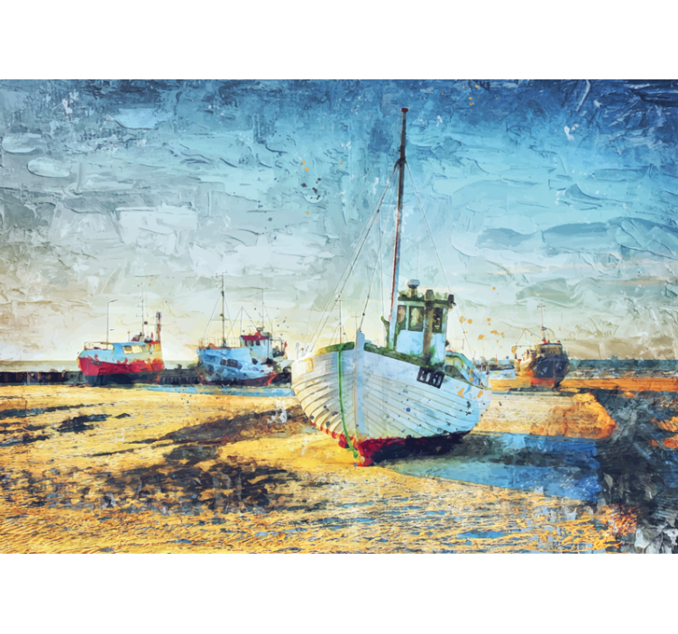 City wall mural fishing boats at the shoreline - TenStickers