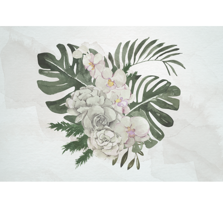 Monstera leaves and white roses wall mural - TenStickers