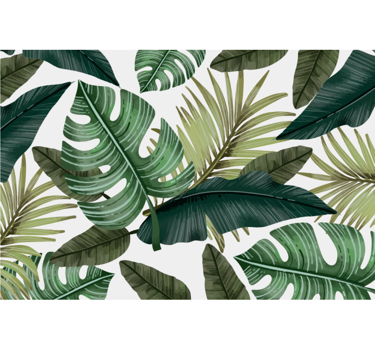 Monstera leaves in white living room wall mural - TenStickers