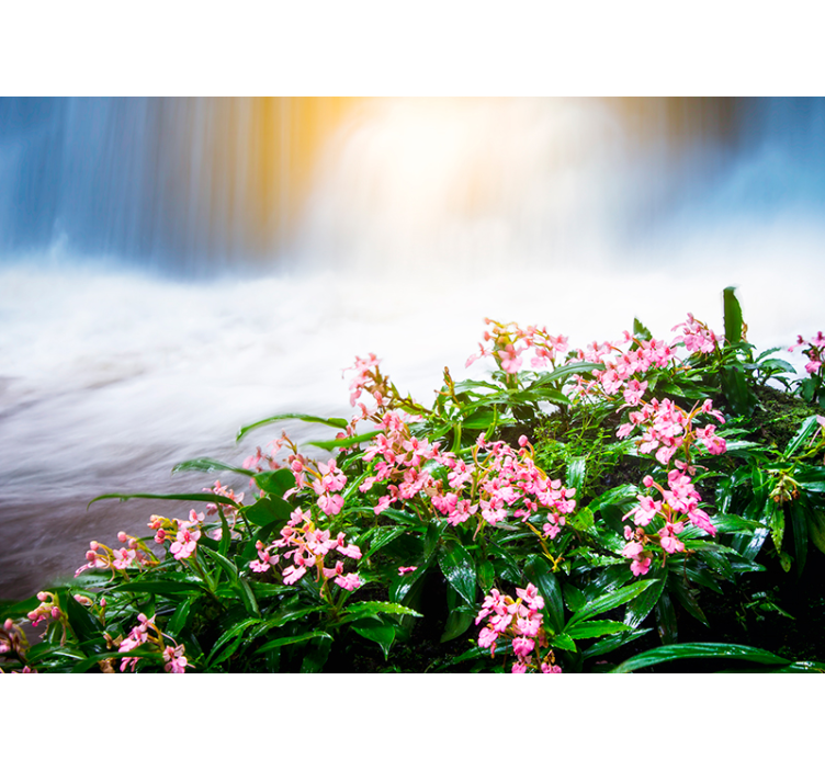 Waterfall with pink flowers Waterfall Mural - TenStickers