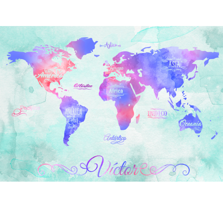 Watercolor continents world map mural - TenStickers