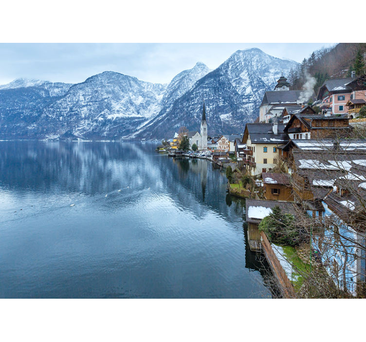 Mountain Village Reflections landscape mural wallpaper - TenStickers