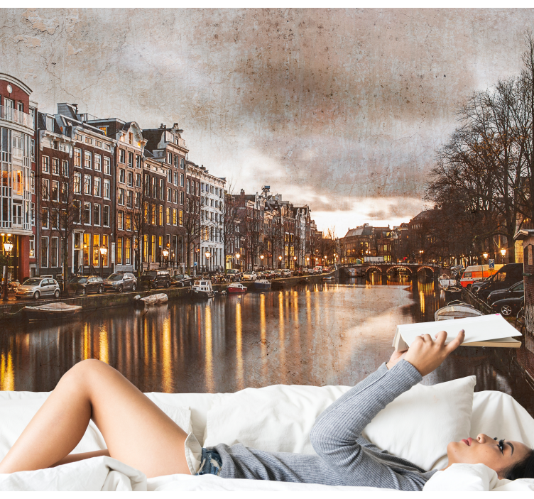 Amsterdam canal boats and houses wall mural - TenStickers