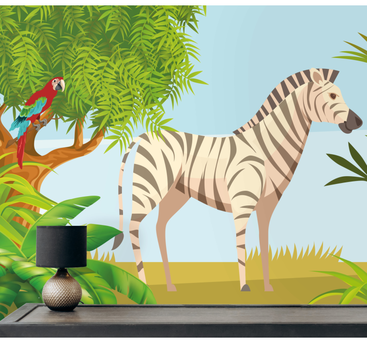 Animal wall mural zebra and parrot scene - TenStickers