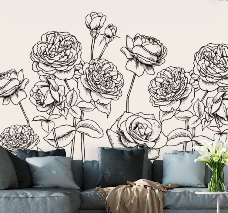 Black and white hand drawn roses wall mural - TenStickers