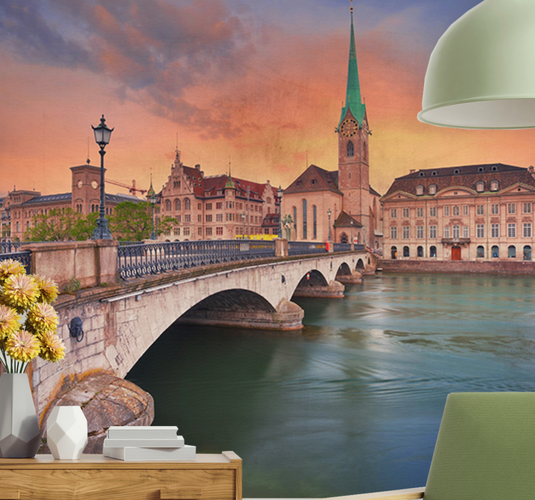 City wall mural zurich bridge at sunset - TenStickers