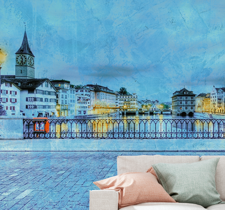 City wall mural zurich riverside view - TenStickers