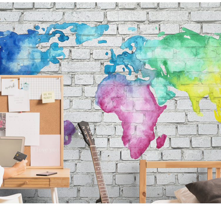 Colourful brick wall world map world map mural - TenStickers