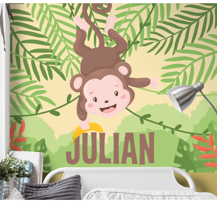 Cute baby monkey hanging on branch wall mural - TenStickers
