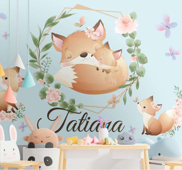 Cute Fox Family With Name children wall mural - TenStickers
