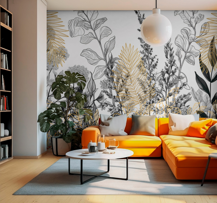 Drawings of plants living room wall mural - TenStickers
