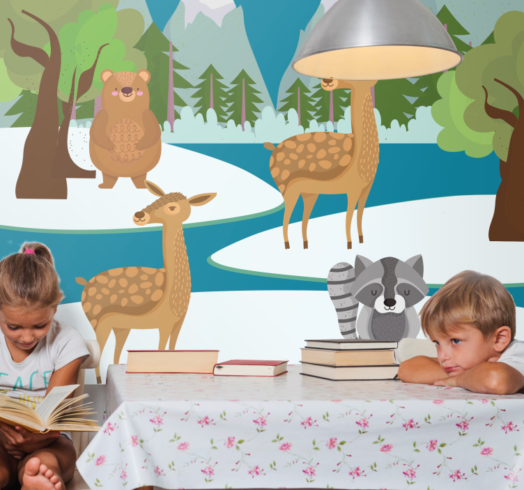 Drawn forest animal scene children wall mural - TenStickers