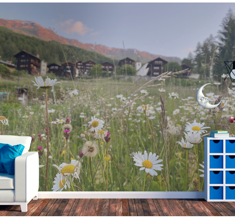 Field of daisies and village tulip wall mural - TenStickers