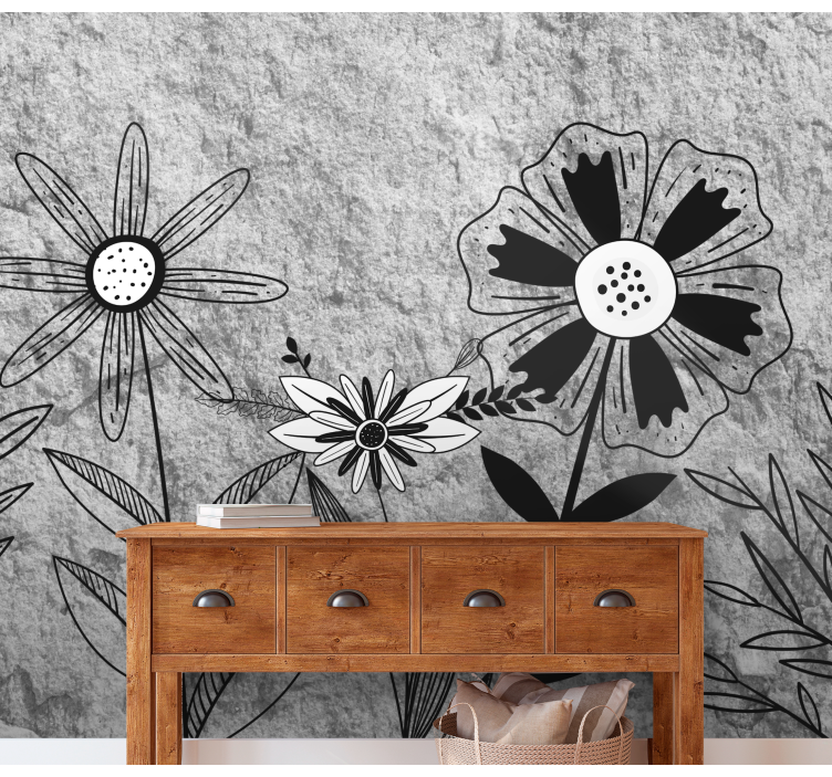 Flower mural black and white floral design - TenStickers