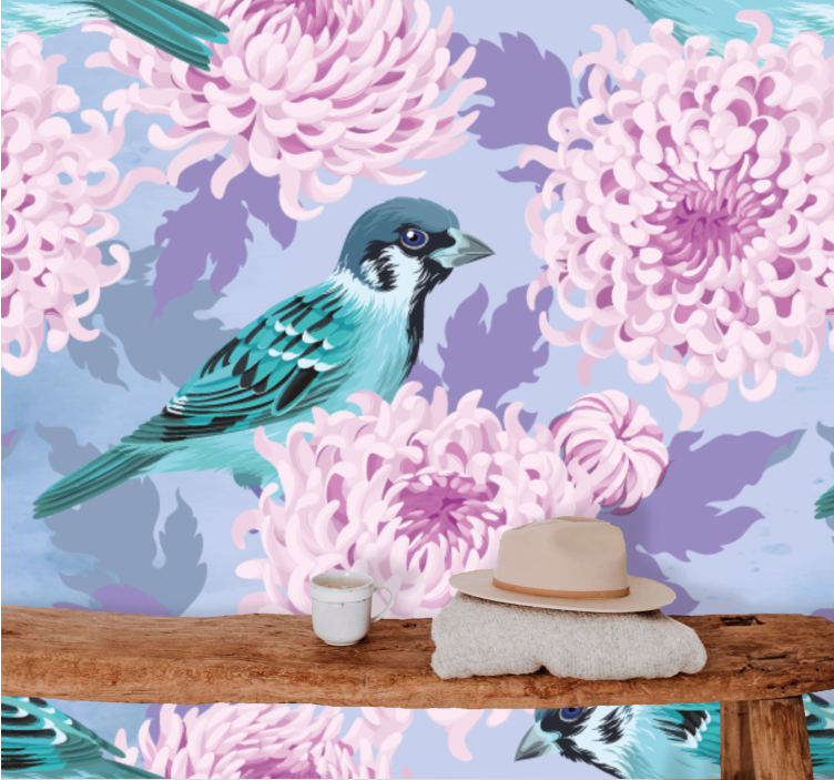 Flower mural blue bird blossoms - TenStickers