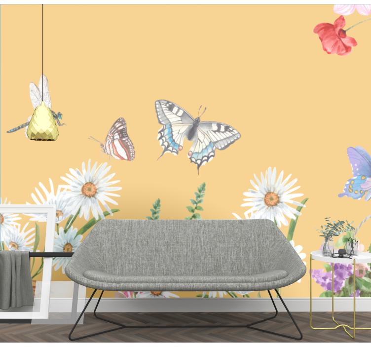 Flower mural butterfly floral scene - TenStickers