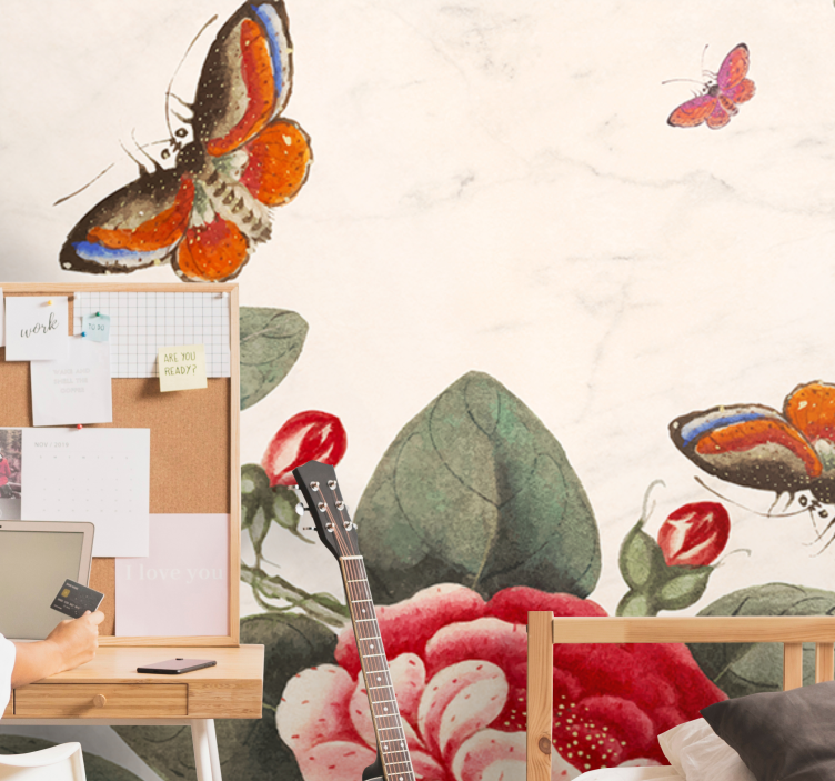 Flower mural fluttering insects and blossoms - TenStickers