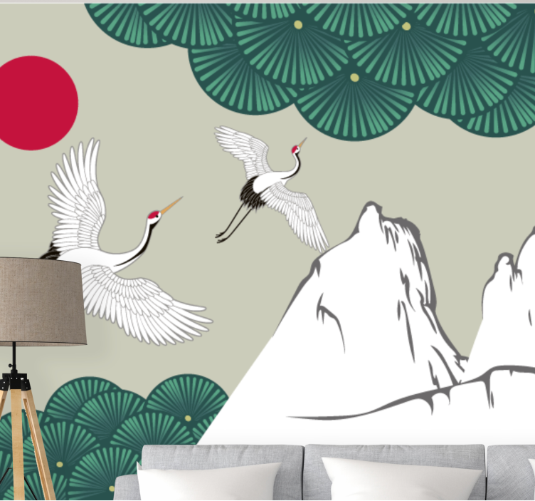 Fuji and crane art vintage wall mural - TenStickers