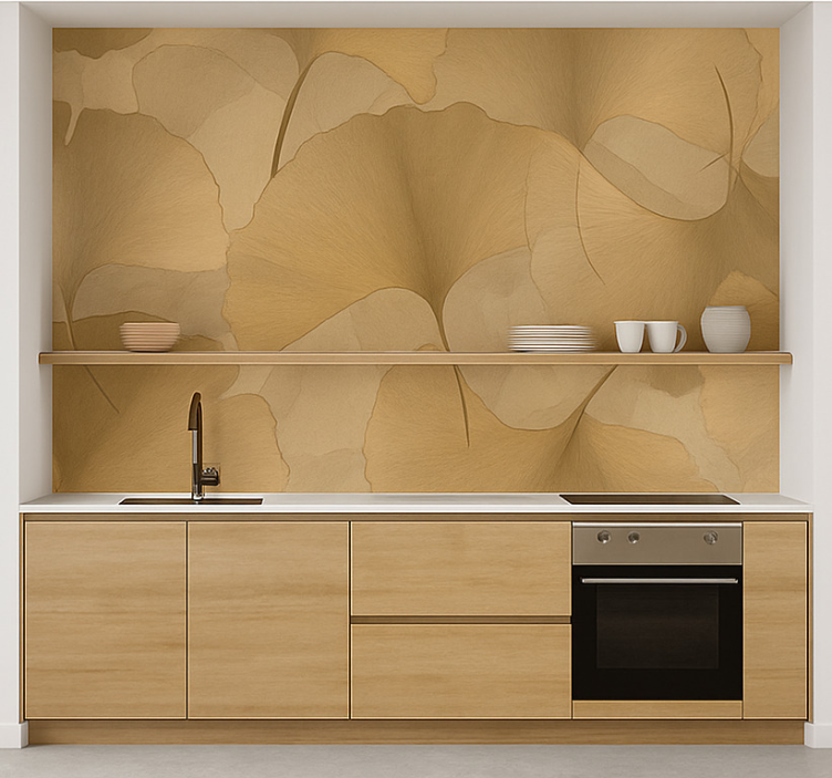 Golden Ginko overlap kitchen mural - TenStickers