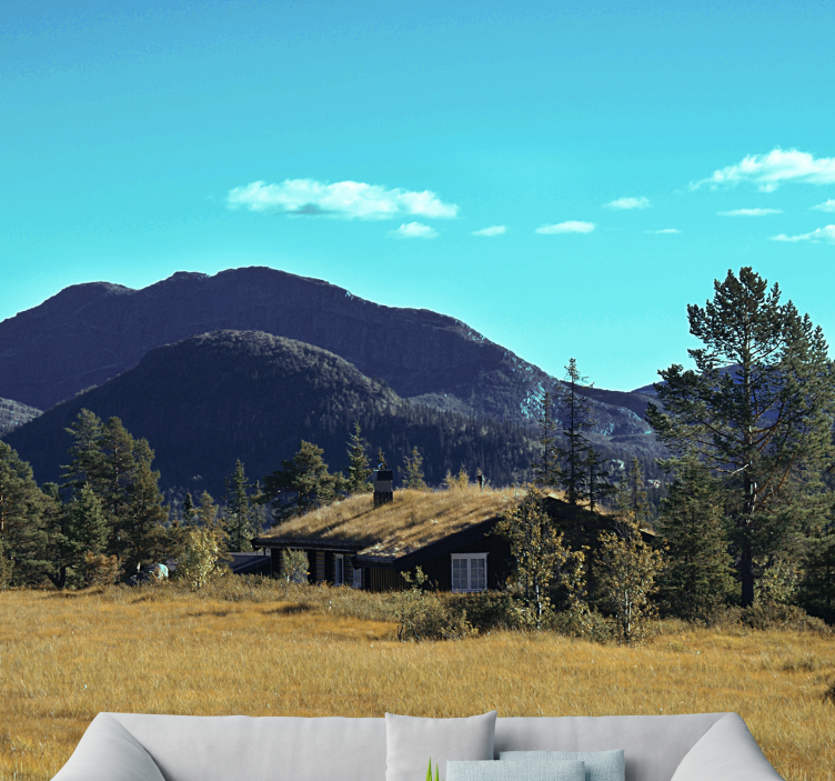 Landscape mural wallpaper mountain cabin getaway - TenStickers