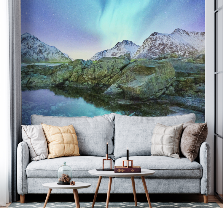 Landscape mural wallpaper northern lights reflection - TenStickers