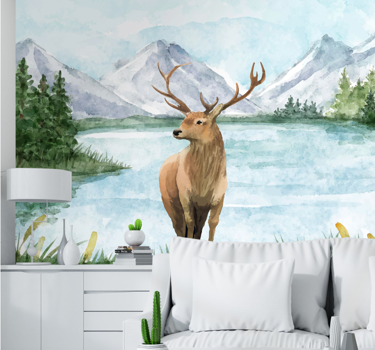 Landscape with lake and deer nature wall mural - TenStickers